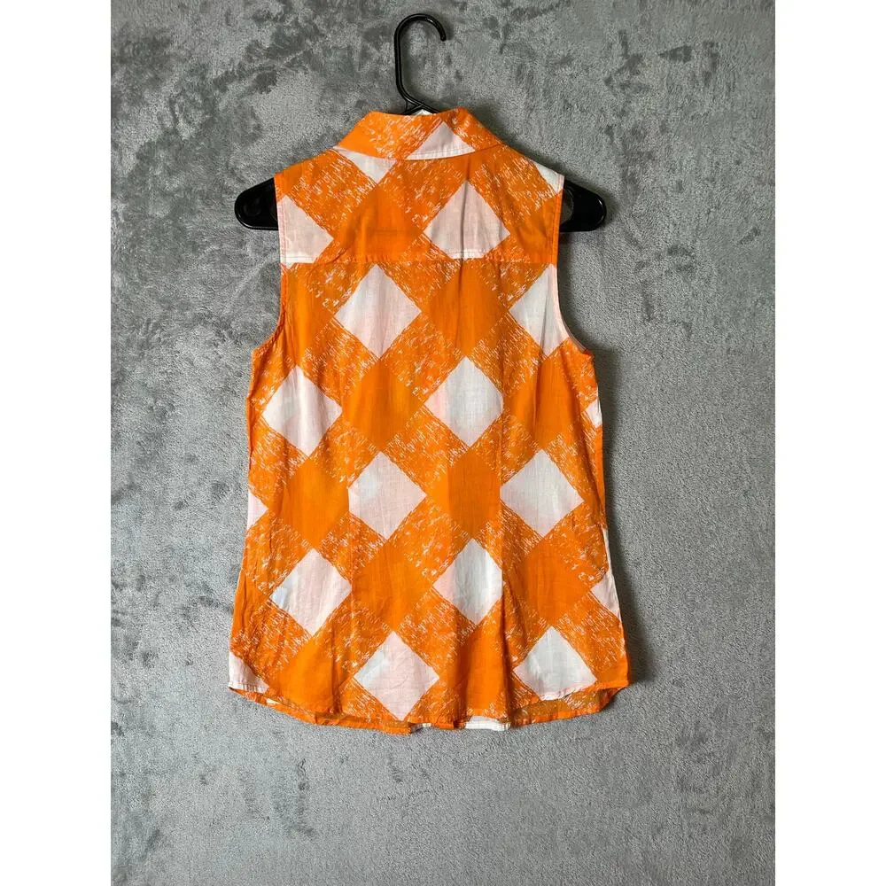 Boden Jaffa Painted Check Sleeveless Button Front Shirt Orange White Size‎ 6 New